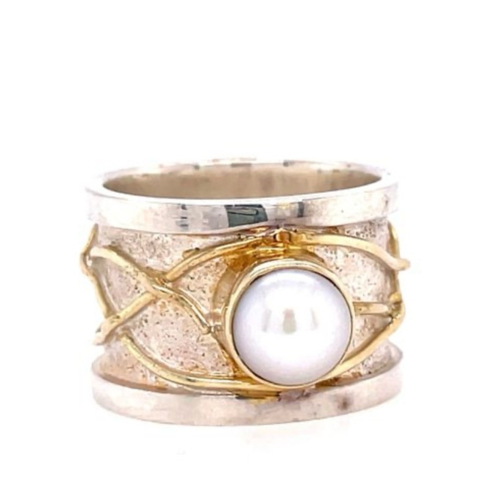 Vermeil / Sterling Silver / Pearl / Cigar Band 7.5 / beautiful mixed metals -EUC